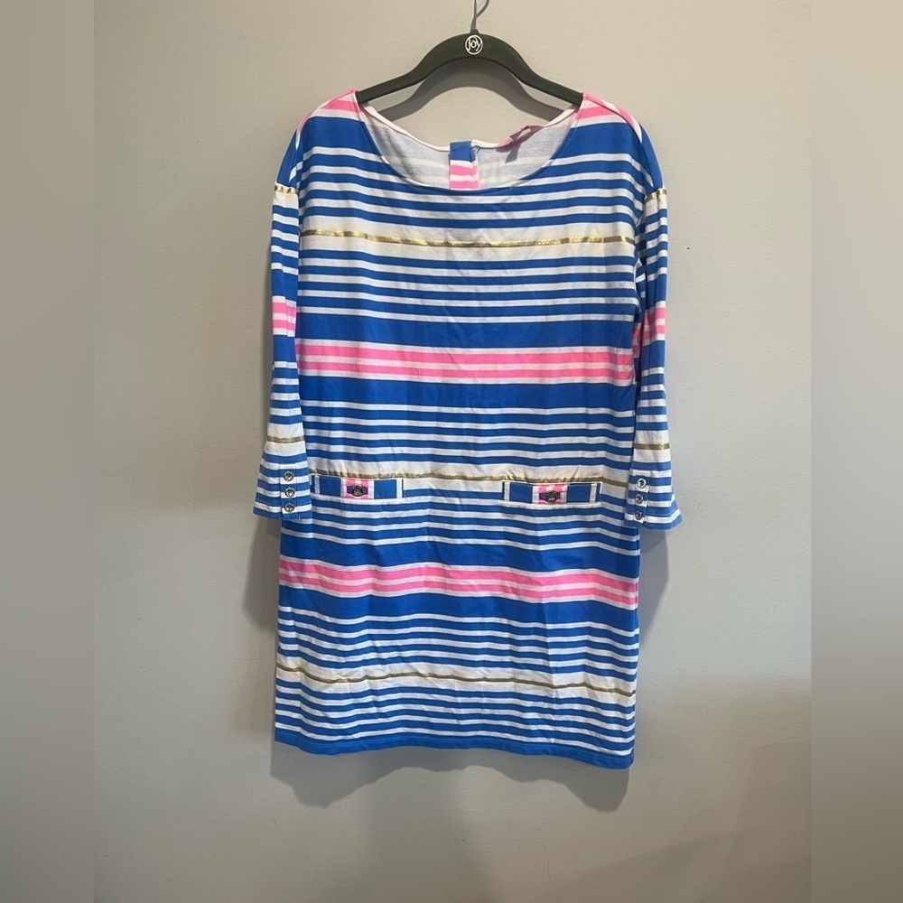 Lilly Pulitzer Lena Shift Dress Lapis Blue Tiki Stripe Stretch Medium
(M)